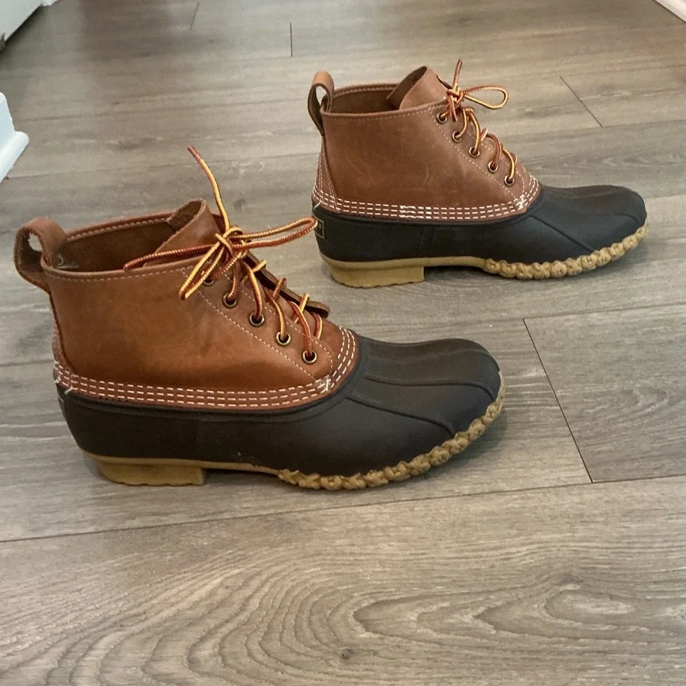 LL Bean Mens Leather Duck Boots 12 Brown Tan Bean Boots Rubber Rain Fisherman